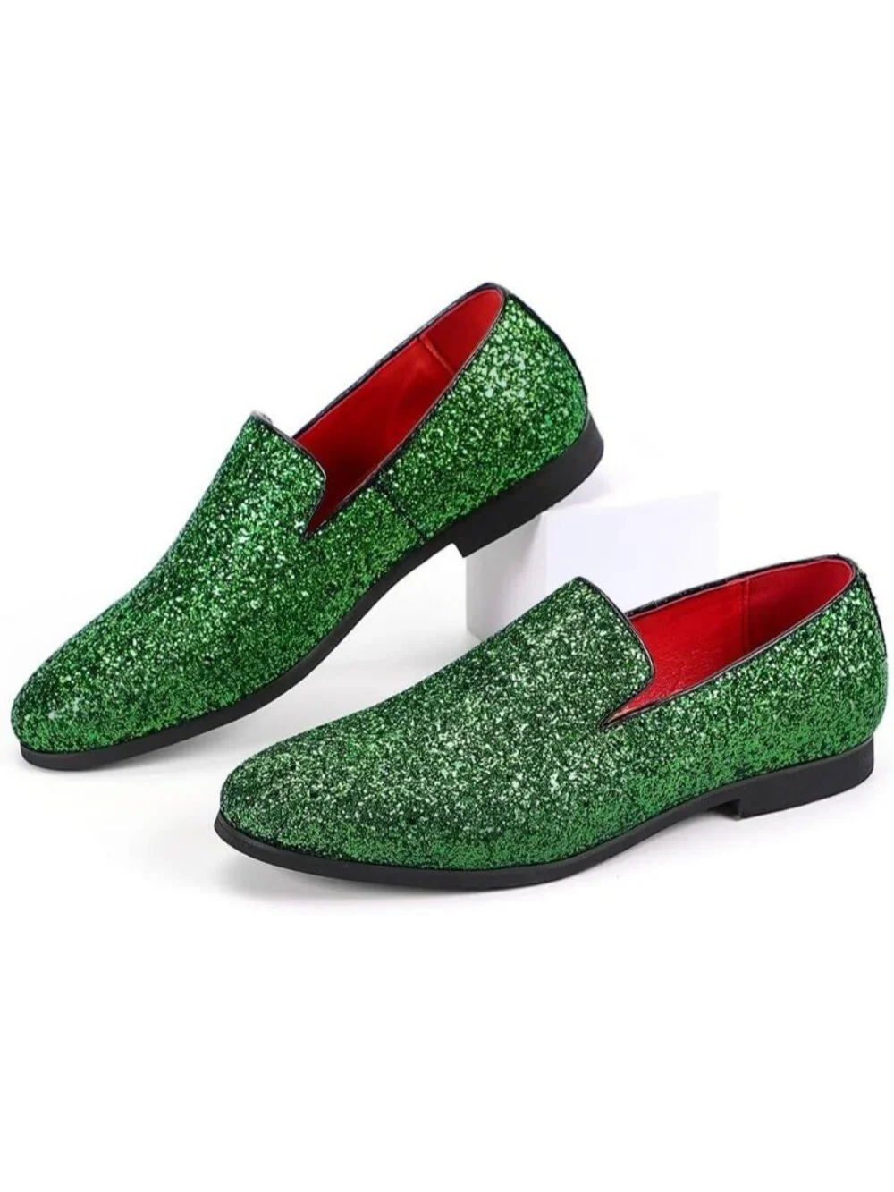 Men's Green Leather Glitter Sparkly Loafers Slip On Tuxedo Formal Events Shoes